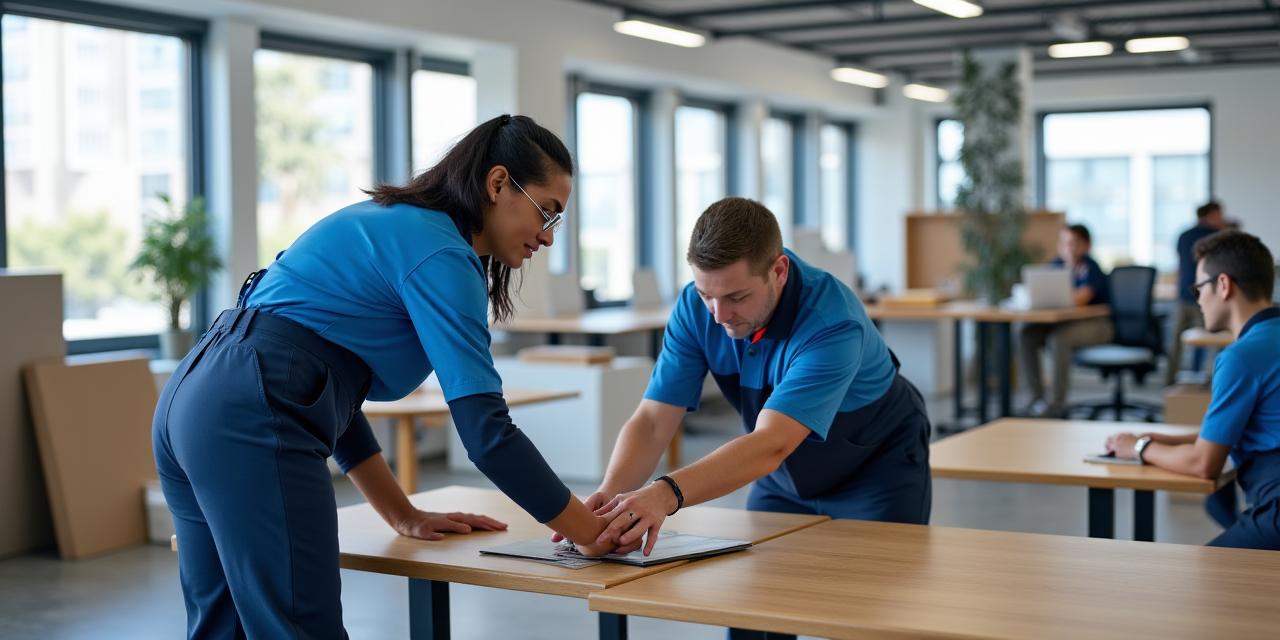 新しいオフィスチェアを設置しているスタッフ